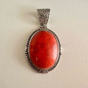 1970s Vintage Pendant - Sterling Silver - Large Red Oval Stone  - Mexico